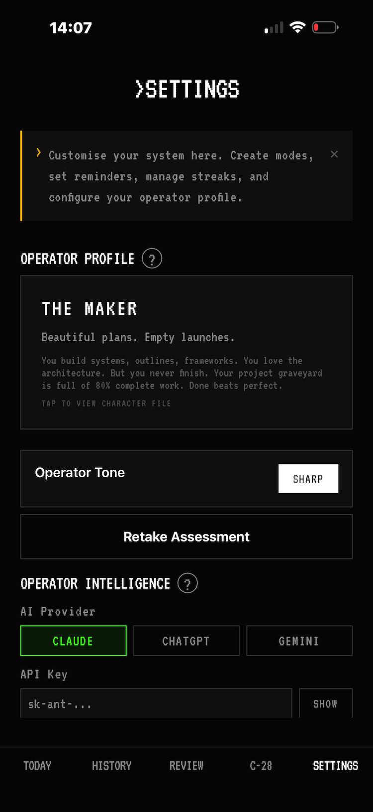 Operator profile and AI settings