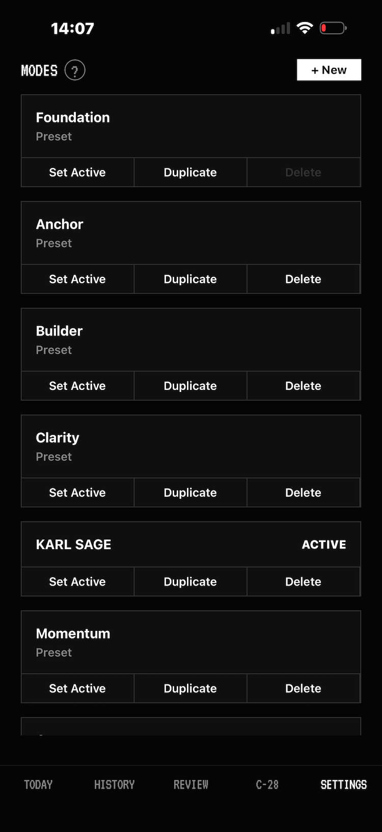 Settings modes list