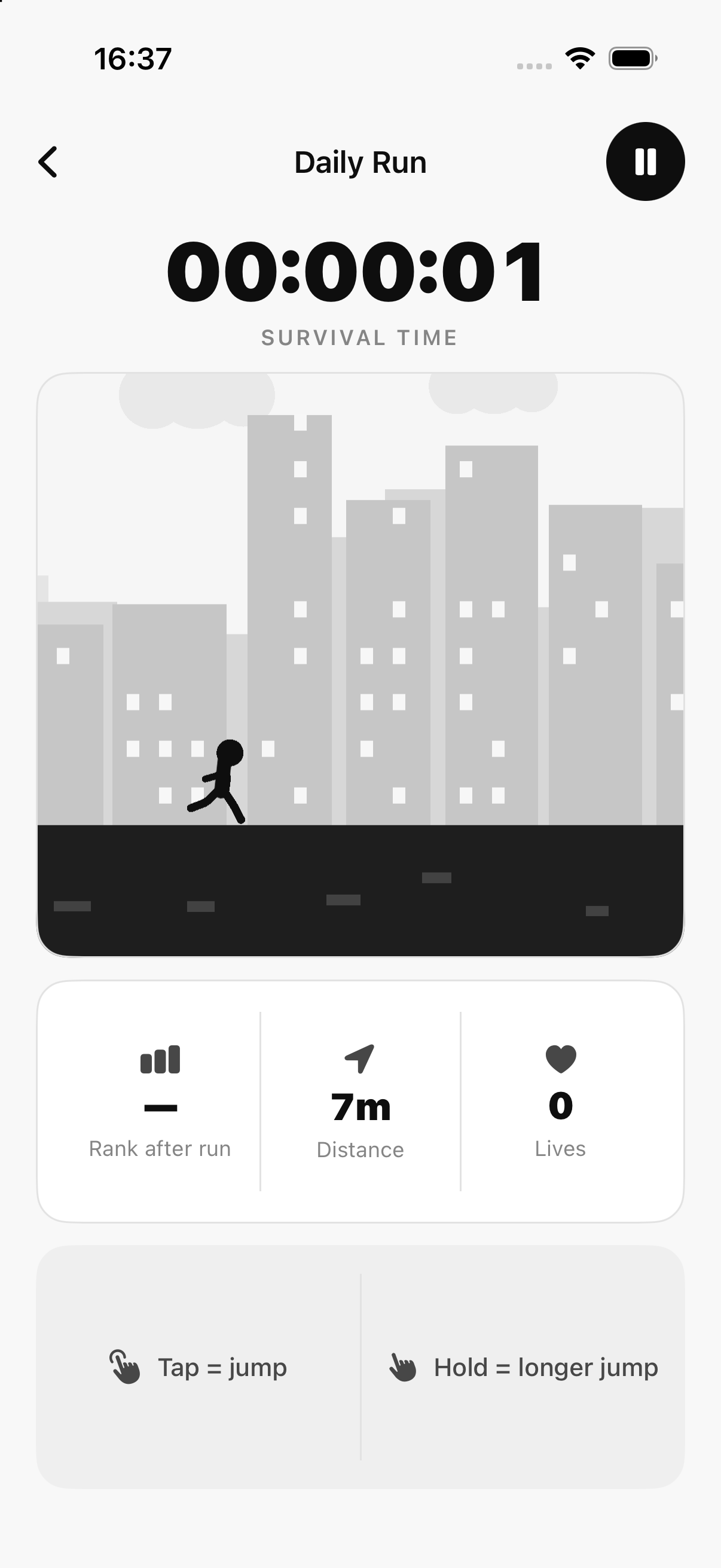 Daily Run development screen showing the runner in a grey city, timer and tap or hold controls