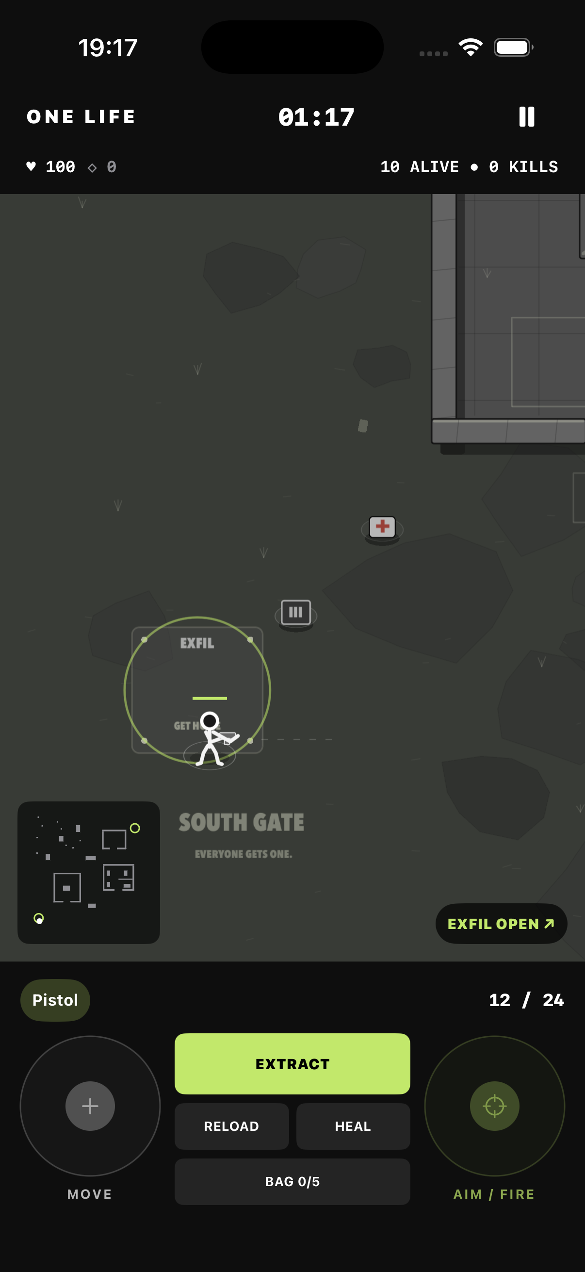 Solo Survival development screen showing extraction, inventory and weapon controls; opponents are bots